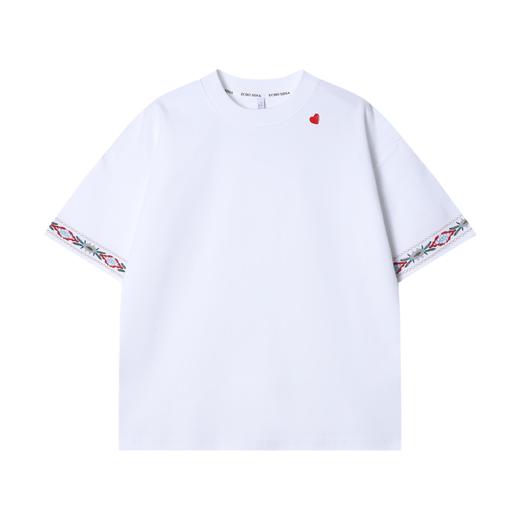 6690早春新款时尚个性重工刺绣袖边爱心印花圆领短袖T恤百搭休闲上衣 商品图1