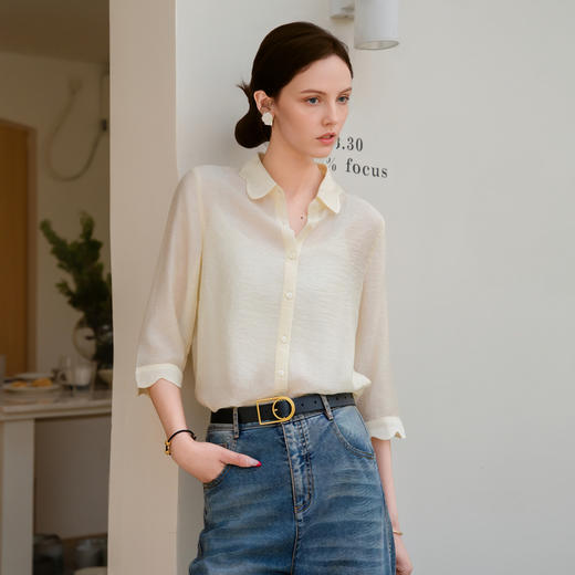 谜底微透衬衫七分袖女2025夏季新款通勤风亲肤合体衬衣256MC6005 商品图0