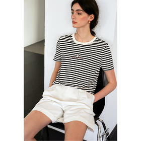 OLrain欧芮儿黑白条纹T恤女夏季2025年新款复古绣花圆领休闲上衣