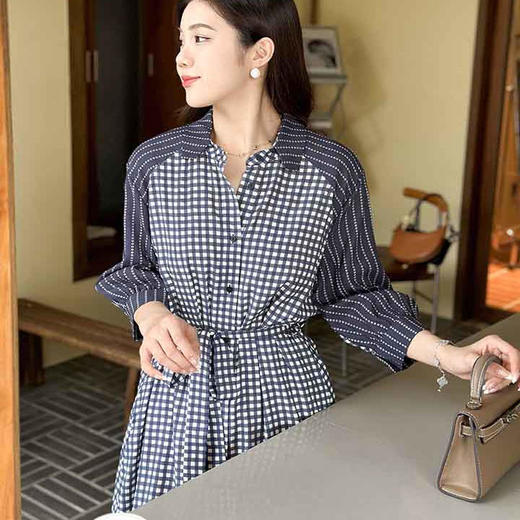 顺丰包邮洛诗琳12923春季新款知性优雅真丝缎格纹拼接连衣裙762 商品图2