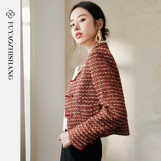FUYAO扶摇 红色彩呢精纺羊毛短外套女春季编织立领经典小香风上衣 商品图4