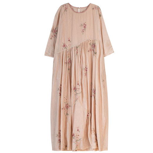 牧衣游原创 丝棉匹绣炒色连衣裙新款圆领宽松轻薄气质长裙 淡极 商品图4