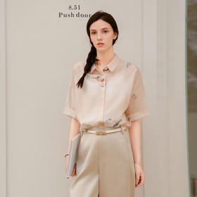 谜底微透衬衫七分袖女2025夏季新款复古风提花合体衬衣256MC6008