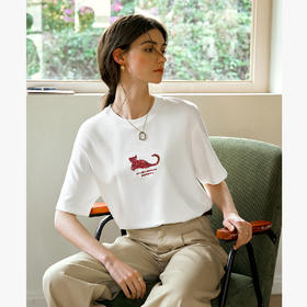 欧芮儿2025夏季新款创意珠片绣短袖卡通图案T恤女休闲宽松上衣