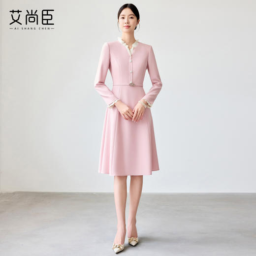 艾尚臣粉色连衣裙女花边领气质女神范2025新款气质中长职业装裙子 商品图3