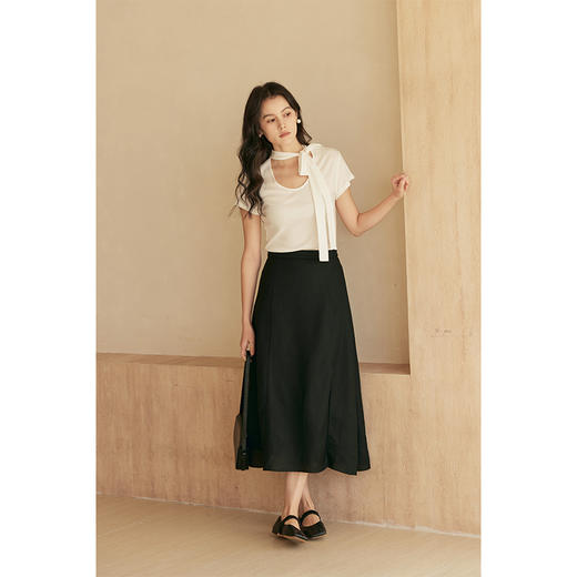 HeyDress飘带圆领T恤女夏季法式宽松显瘦简约百搭短袖白色上衣 商品图2