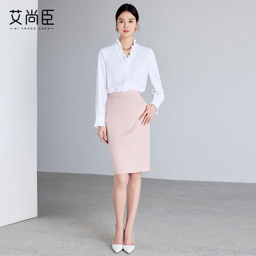 艾尚臣长袖衬衫女2025新款高级感精致V领木耳边通勤百搭法式衬衣 商品图3