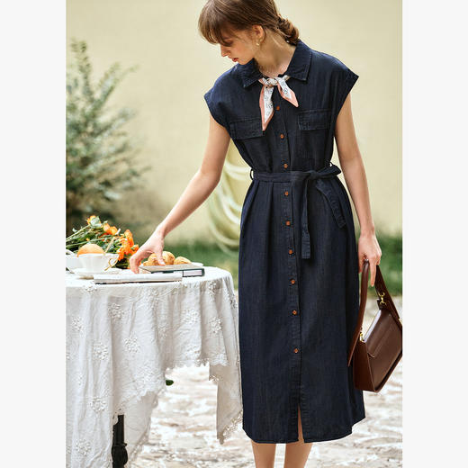 OLrain欧芮儿2025新款夏牛仔衬衫领休闲收腰通勤显瘦短袖连衣裙女 商品图0