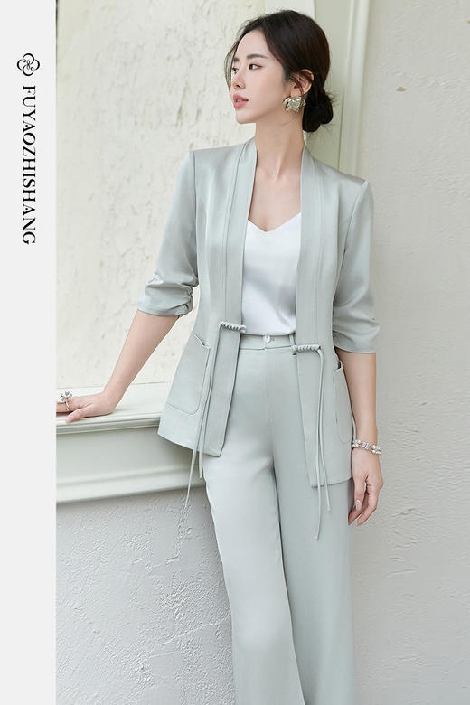 FUYAO扶摇 新中式盘扣西装两件套女2025春夏新款时尚套装国风女装 商品图5