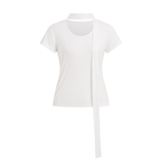 HeyDress飘带圆领T恤女夏季法式宽松显瘦简约百搭短袖白色上衣 商品图4