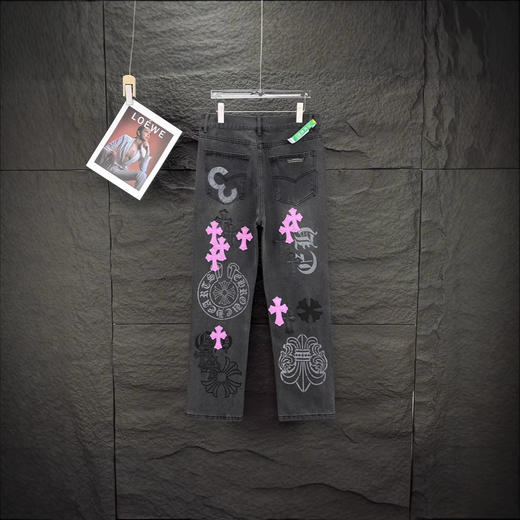CH克罗伈2025 新款重工粉色十字架贴皮 情侣款水洗牛仔裤潮牌长裤 商品图1