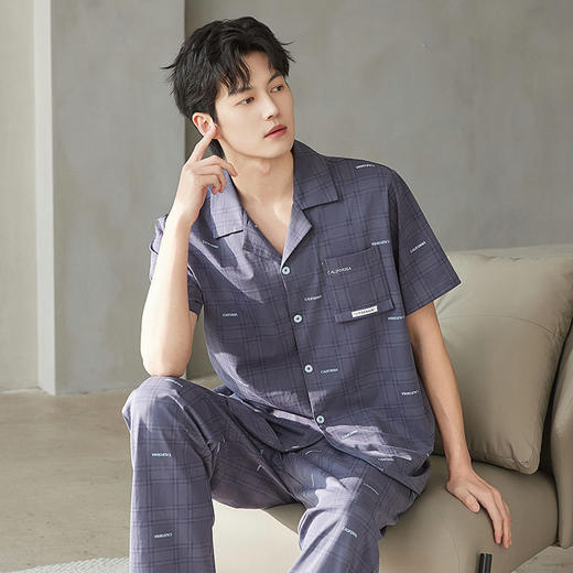 新款夏季男士睡衣纯棉短袖长裤可外穿爽棉翻领家居服开衫套装    JL-TMZ5521 商品图3