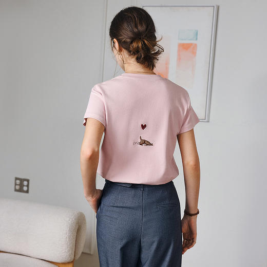 OLrain欧芮儿粉色短袖T恤女夏季2025年新款休闲百搭刺绣上衣 商品图5
