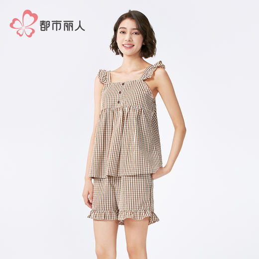 都市丽人舒适外出女士梭织棉背心套装薄梭织色织格无袖类LHH2E6 商品图2