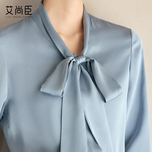 艾尚臣雾霾蓝衬衫女2025年新款蝴蝶结领长袖衬衣早春百搭飘带上衣 商品图2