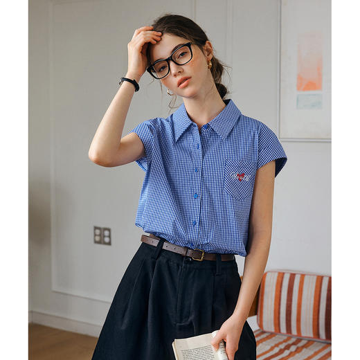 OLrain欧芮儿蓝色格子衬衫女夏季2025年新款通勤高级感连肩衬衣 商品图2