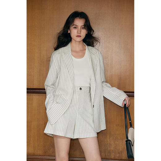 HeyDress条纹亚麻西装外套女春季法式通勤休闲西服上衣短裤套装 商品图0