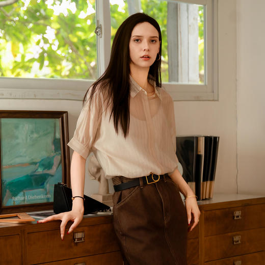 谜底通勤衬衫短袖女2025夏季新款通勤文艺微透合体衬衫256MC6009 商品图1