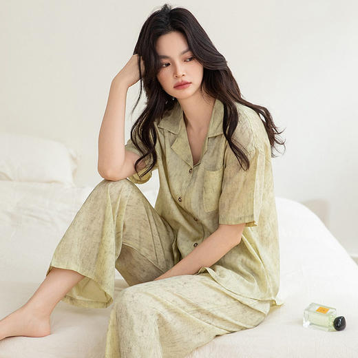 夏季睡衣女士短袖长裤仿真丝薄款开衫家居服冰雪丝翻领套装外穿   JL-TMZ2566 商品图2