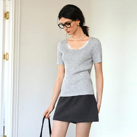 欧芮儿2025夏季新款蕾丝拼接圆领短袖针织正肩T恤女甜美简约上衣