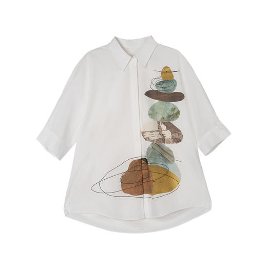 谜底印花衬衫分袖女2025春季新款复古文艺宽松中长衬衣256MC6014 商品图4