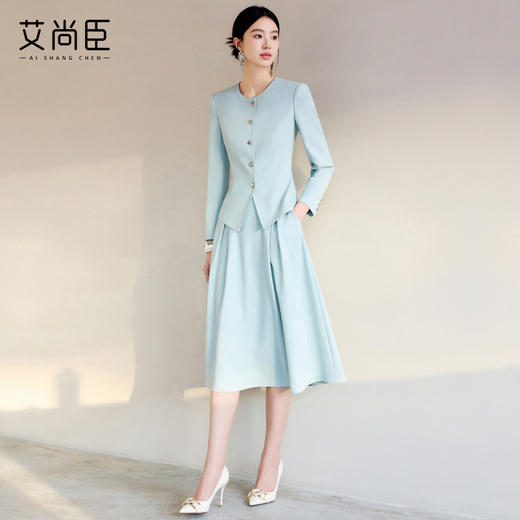 艾尚臣冰川蓝主持人西装套装女气质女神范西服职业套裙播音两件套 商品图3
