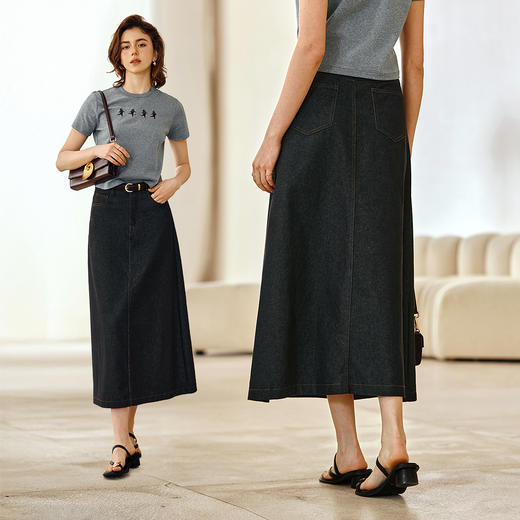 OLrain欧芮儿黑色牛仔半身裙女夏季2025年新款通勤百搭复古A字裙 商品图1