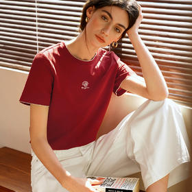 OLrain欧芮儿红色复古T恤女夏季2025年新款休闲简约针织圆领上衣