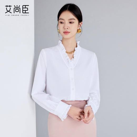 艾尚臣长袖衬衫女2025新款高级感精致V领木耳边通勤百搭法式衬衣 商品图2