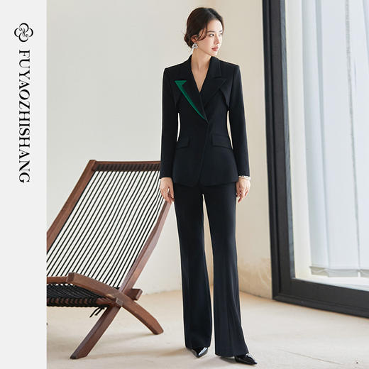 FUYAO扶摇 黑色新中式高定轻奢西装套装女国风气质修身西服两件套 商品图2
