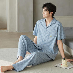 夏季莫代尔短袖男士睡衣可外穿翻领长裤家居服舒爽开衫青年套装   JL-TMZ5538