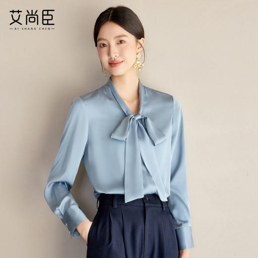 艾尚臣雾霾蓝衬衫女2025年新款蝴蝶结领长袖衬衣早春百搭飘带上衣 商品图3