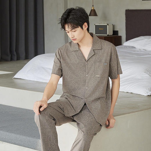 夏季翻领短袖男士睡衣纯棉可外穿中年开衫爽棉家居服长裤套装新款    JL-TMZ5526 商品图2