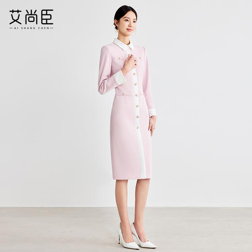 艾尚臣粉色气质连衣裙2025春新款优雅经典单排扣西装裙通勤工作服 商品图3