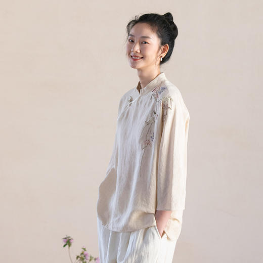 牧衣游原创 手工刺绣汉麻套头衫斜襟圆领七分袖中式上衣 初八弦 商品图0