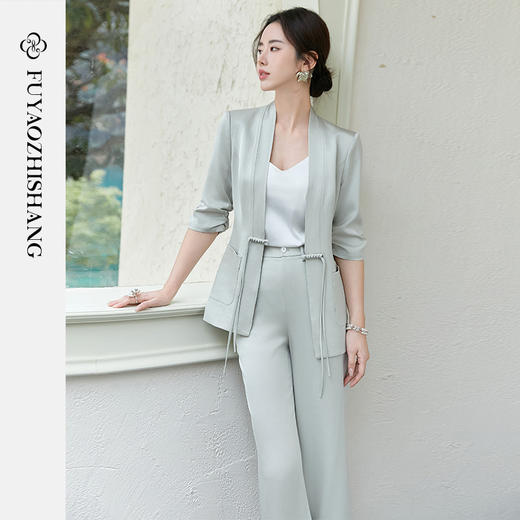 FUYAO扶摇 新中式盘扣西装两件套女2025春夏新款时尚套装国风女装 商品图0