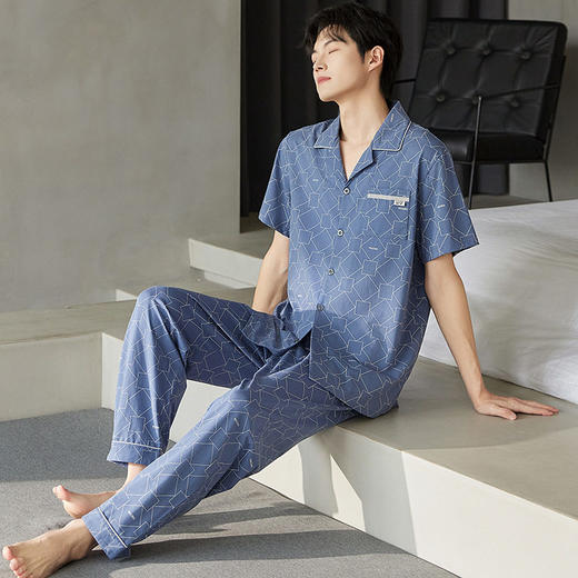 夏季男士睡衣纯棉翻领短袖长裤可外穿爽棉家居服开衫格子套装    JL-TMZ5524 商品图3