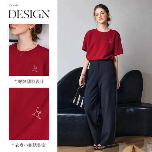 OLrain欧芮儿红色短袖T恤女夏季2025年新款百搭刺绣圆领上衣 商品图2