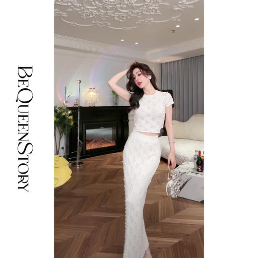 【孤品样衣，不退不换】【珍珠月光】夏季新款珠冷纱性感系绳短袖&半裙 商品图0