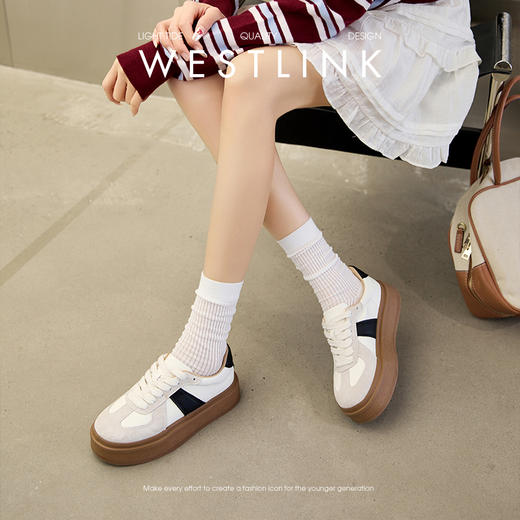 西遇黑白德训鞋女新款韩系撞色百搭小白鞋圆头厚底板鞋V0356338 商品图1