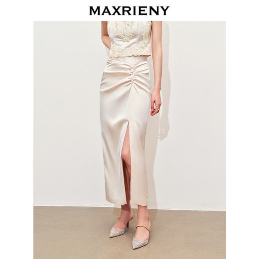 【派对聚会-商场同款】MAXRIENY复古优雅不规则设计捏褶开叉半裙(货号:MC85SK053) 商品图0