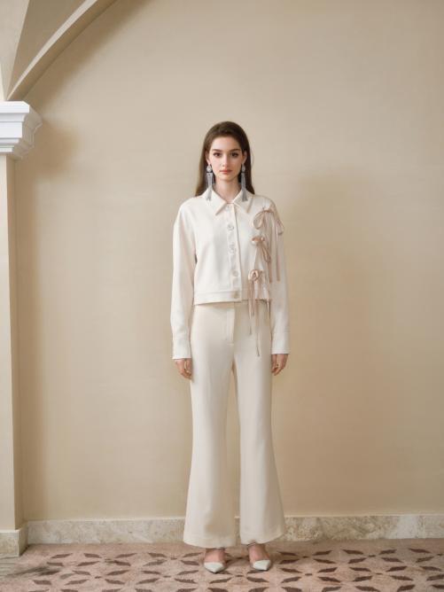 香槟色进口醋酸不规则蝴蝶结飘带短外搭 商品图1