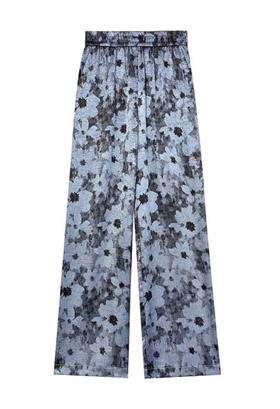 雾霾蓝色印花松紧腰直筒长裤