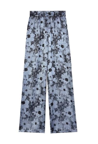 雾霾蓝色印花松紧腰直筒长裤 商品图0