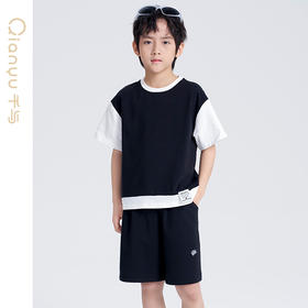 笛莎千与2025夏新款男童时尚拼接假两件男童短袖套装