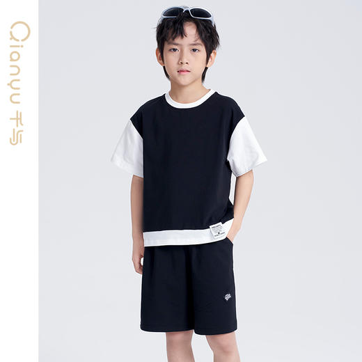 笛莎千与2025夏新款男童时尚拼接假两件男童短袖套装 商品图0