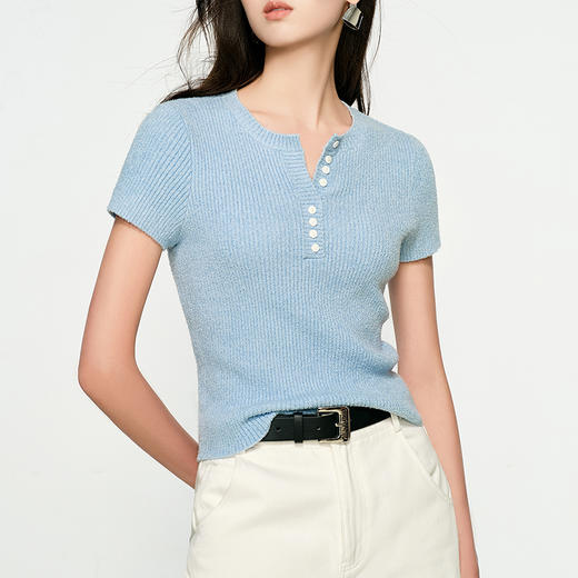 NEELLY纳俪商场同款春季新款浅色修身显白短袖针织衫女显瘦毛衣N25032A01143 商品图2