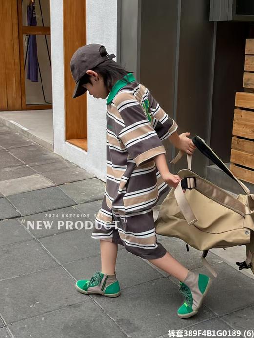 清货~【小资范】0189咖拼绿色翻领条纹短袖/短裤（微脏）-喜出 商品图2