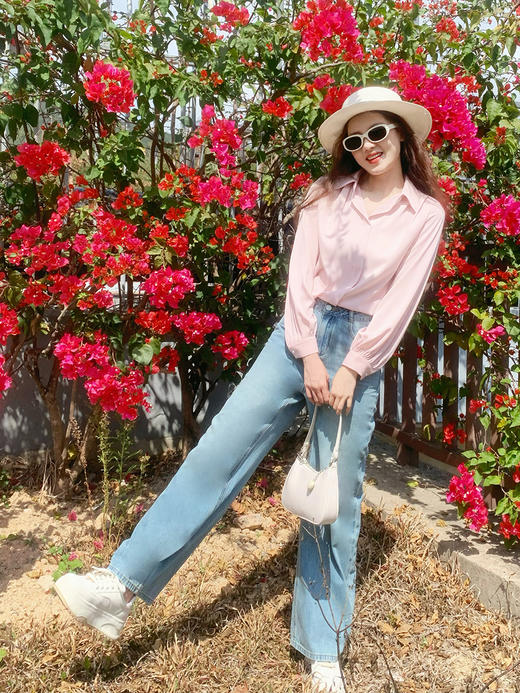 【百图lulu定制】【柔光衬衫】【送项链】项链可拆 仿醋酸 光泽感 翻领 长袖 套头 衬衫 商品图4