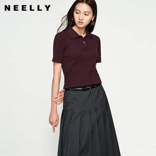 NEELLY纳俪商场同款春季新款纯色POLO领修身针织衫女显瘦短款上衣N25032A01141 商品图0